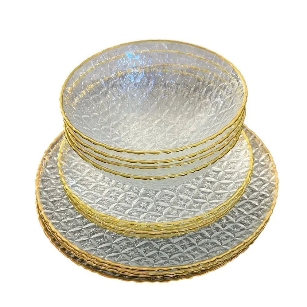 Artistic Accents Clear Daisy Star Glass Plates Gold Plate Set, New